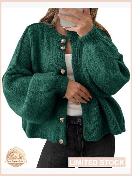 Sweaters - Oversized Chunky Knit Cardigan Lantern Sleeve Button Up Soft Cozy Fall Sweater